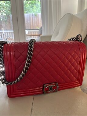 CHANEL Boy Red Quilted Leather Shoulder Bag with Chain Strap- Medium